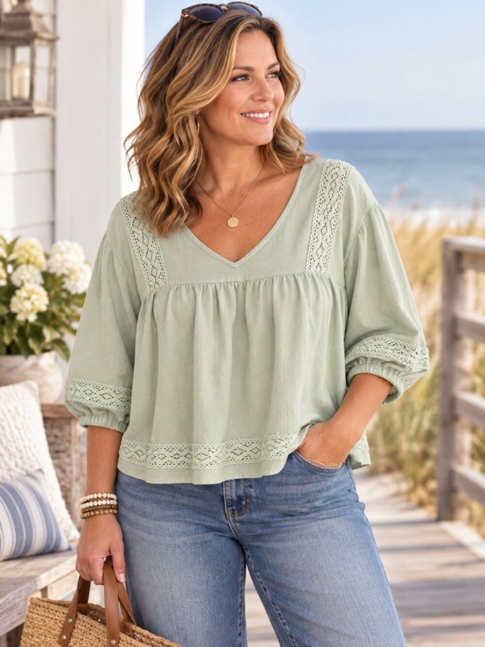 ANDTHEWHY 3X Sage Green Boho Lace Peasant Blouse Cottagecore NWT